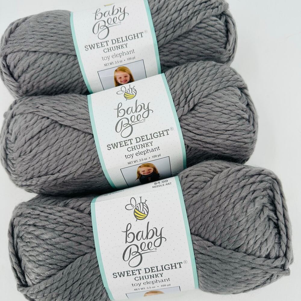 3 Baby Bee Sweet Delight Chunky Baby Yarn Gray Toy Elephant #99 Crochet Lovey